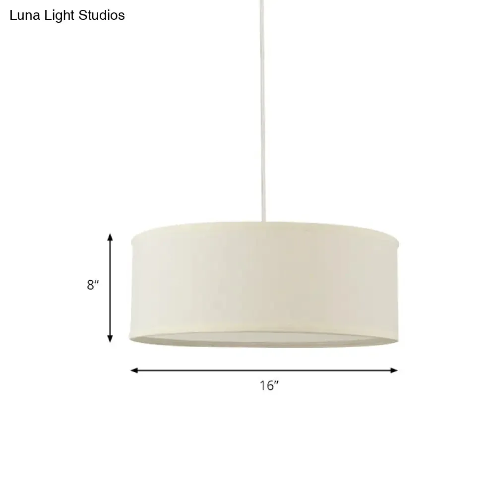 12"/16"/19.5" Dia Cylinder Suspension Pendant - Contemporary White LED Fabric Hanging Lamp