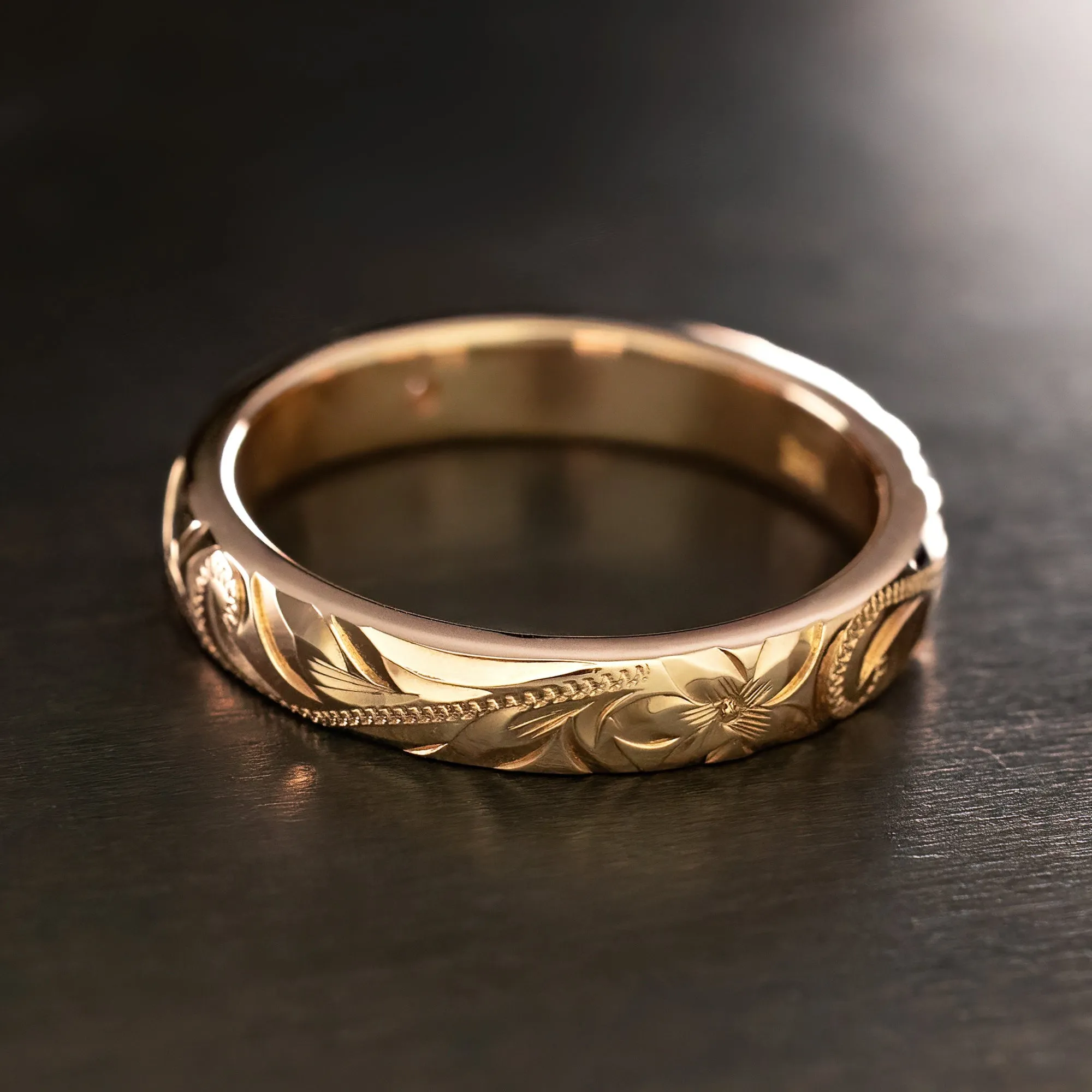 14K Gold Heavy Style Hand Engraved Ring [4mm width] Hawaiian Old English Design