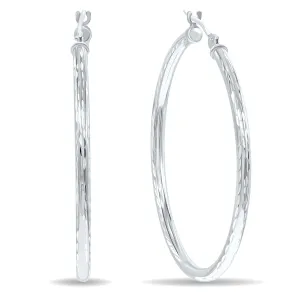 14K White Gold Shiny Diamond Cut Engraved Hoop Earrings 35Mm