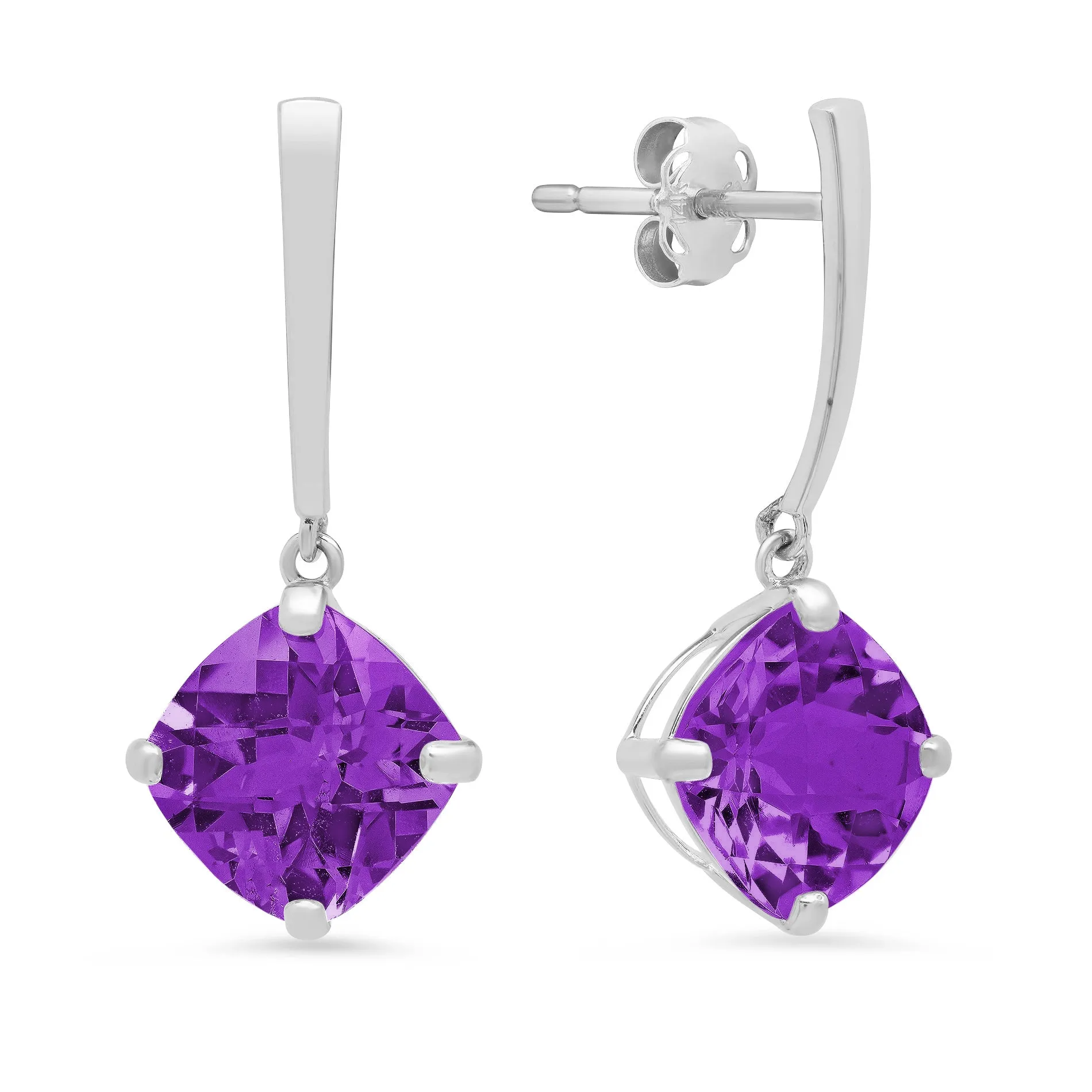 14k White Gold Solitaire Cushion-Cut Gemstone Drop Earrings (8mm)