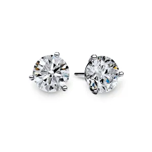 18KW 2 PREMIER ROUND BRILLIANT DIAMONDS=3.01CT 3 PRONG STUD EARRINGS