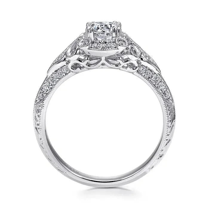 Abel - Unique 14K White Gold Vintage Inspired Diamond Halo Engagement Ring