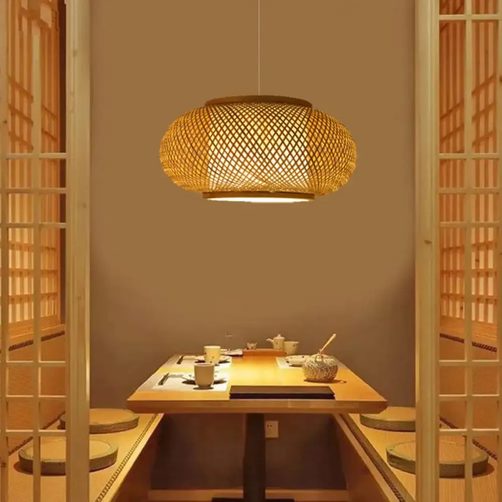 Asian Beige Pendant Lamp with Rattan Shade - 1-Light Restaurant Lighting