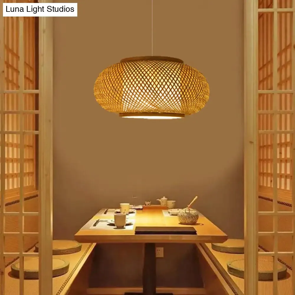 Asian Beige Pendant Lamp with Rattan Shade - 1-Light Restaurant Lighting