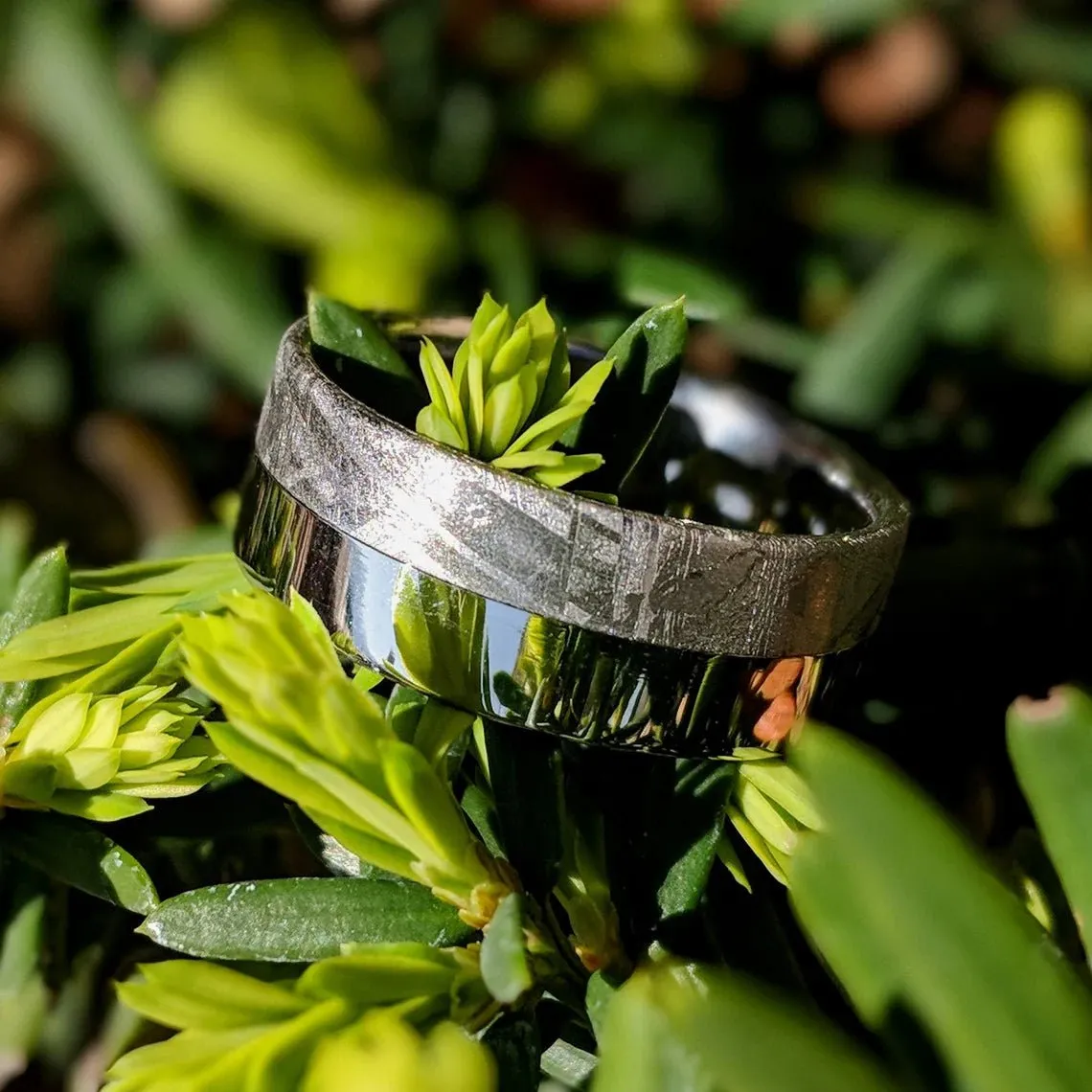 Authentic 8mm Wide Meteorite Wedding Band with Cobalt Chrome Sleeve - Genuine Gibeon Meteorite Rings