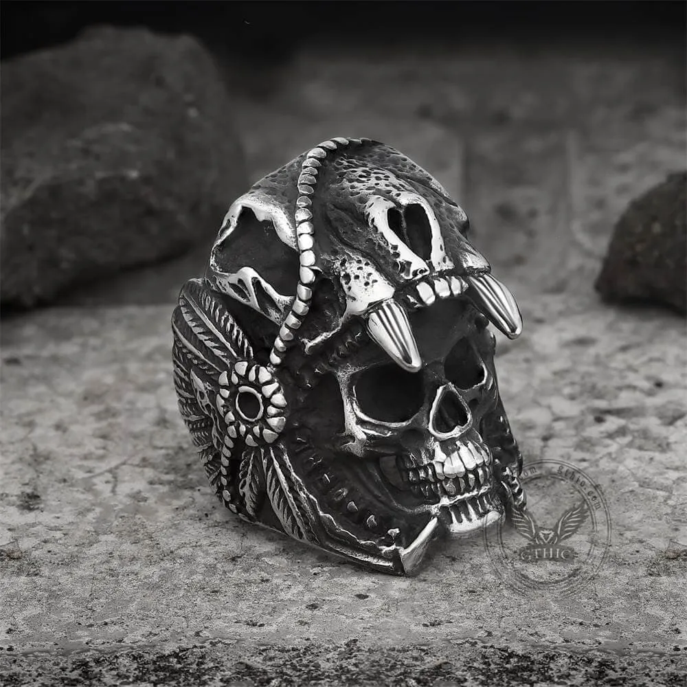 Aztec Jaguar Warrior Stainless Steel Skull Ring