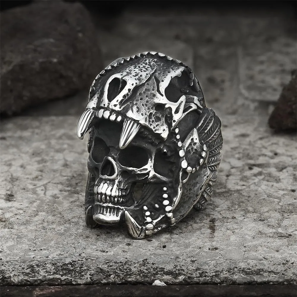 Aztec Jaguar Warrior Stainless Steel Skull Ring