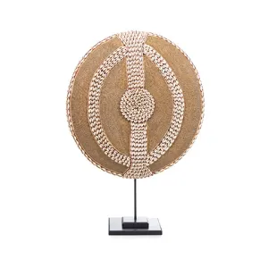 Beaded Cameroon Shield with Cowrie Shells Gold on stand | Hand carved in Cameroon