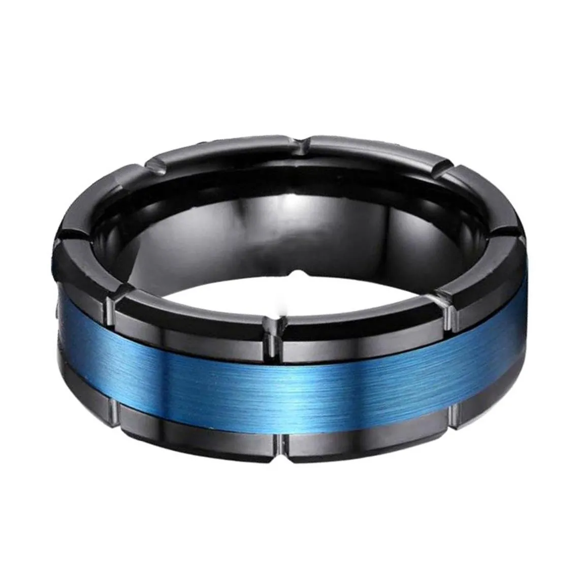 BLIZZARD | Black Tungsten Ring, Blue Brushed Stripe, Notches, Flat