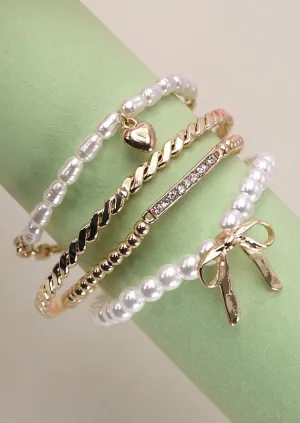 Bow Pearl Rhinestone Stretch Bangle Set