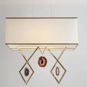 Brass Structural Ceiling Pendant With Natural Agate Pendants And An Ivory Shade