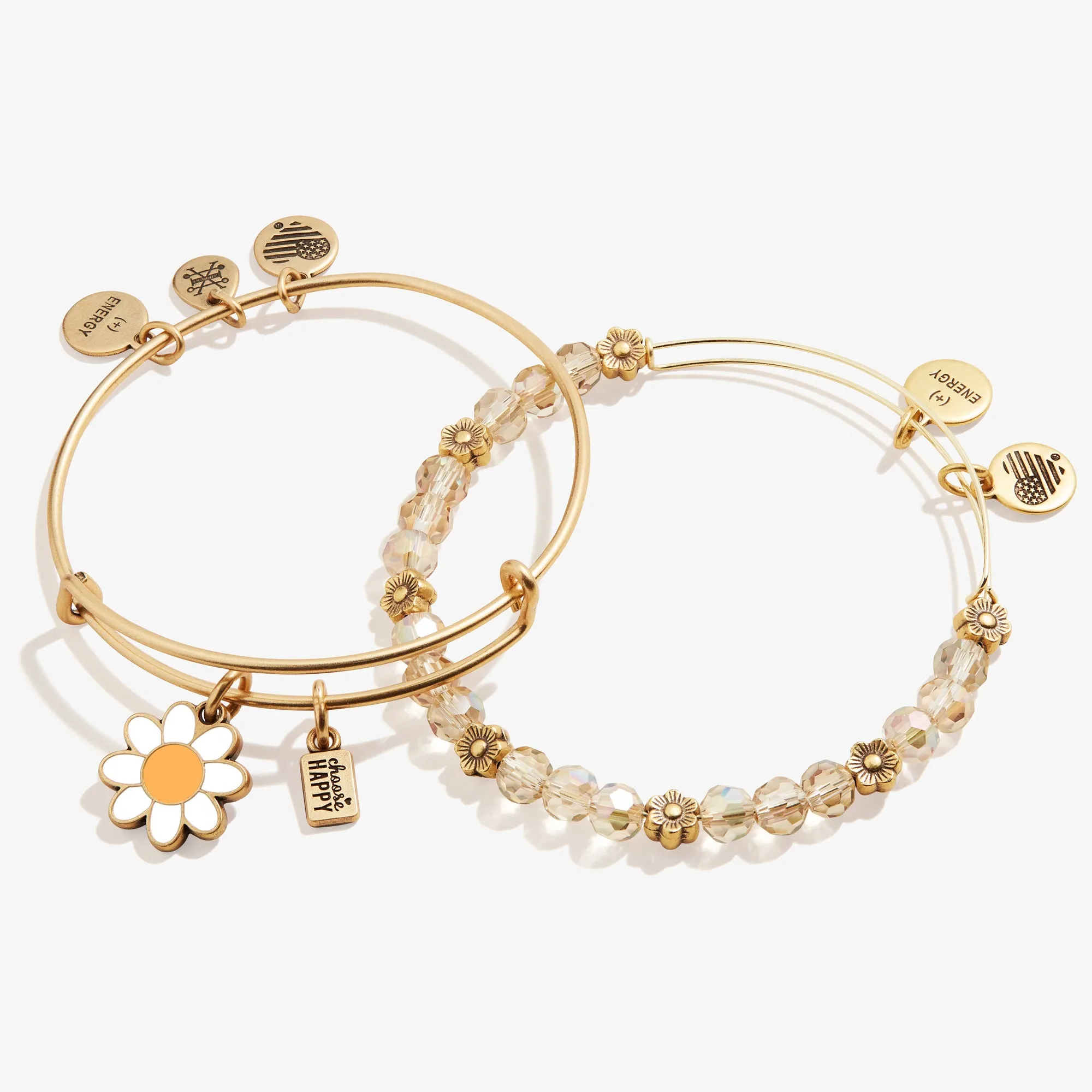 'Choose Happy' Daisy Charm Bangles, Set of 2