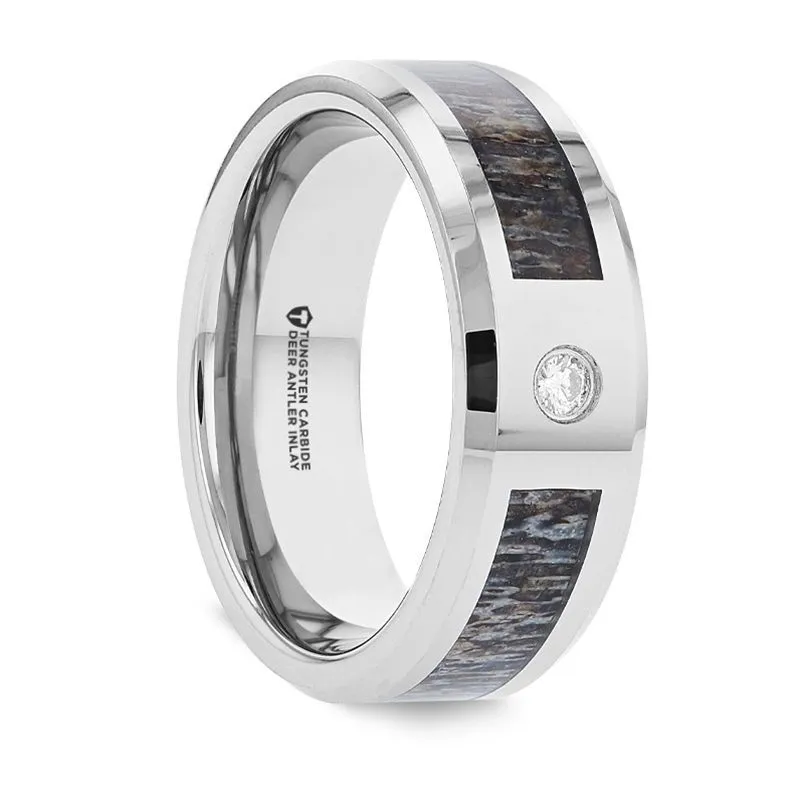 COLTON | Silver Tungsten Ring, Ombre Deer Antler Inlay, Diamond, Beveled