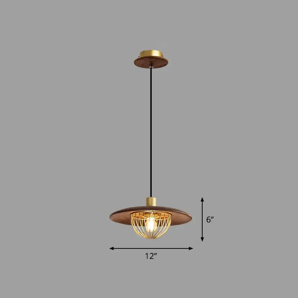 Contemporary Wooden Pendant Light with Cage Bottom - 1-Light Hanging Ceiling Fixture