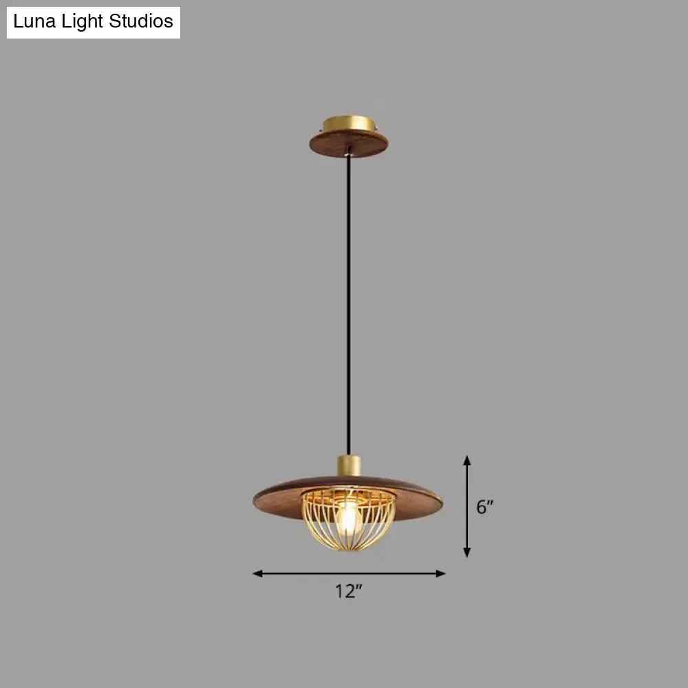 Contemporary Wooden Pendant Light with Cage Bottom - 1-Light Hanging Ceiling Fixture