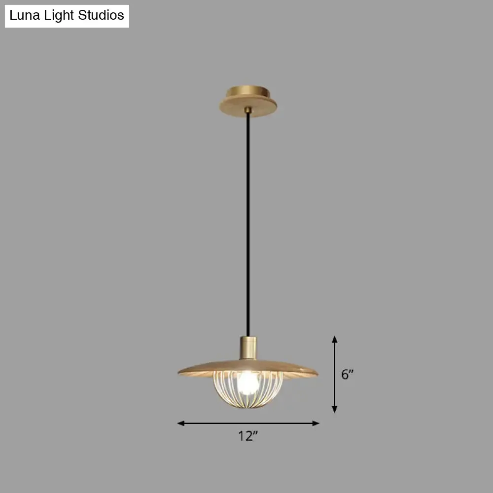 Contemporary Wooden Pendant Light with Cage Bottom - 1-Light Hanging Ceiling Fixture