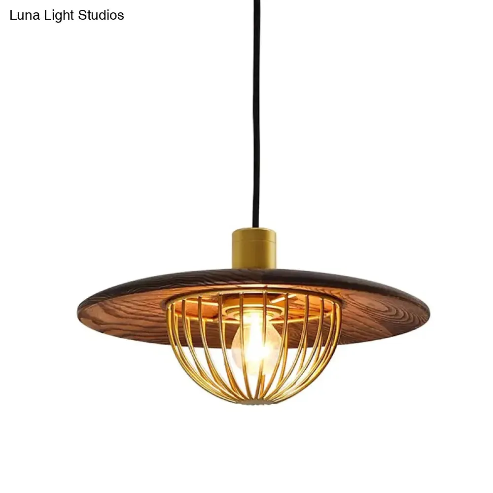 Contemporary Wooden Pendant Light with Cage Bottom - 1-Light Hanging Ceiling Fixture