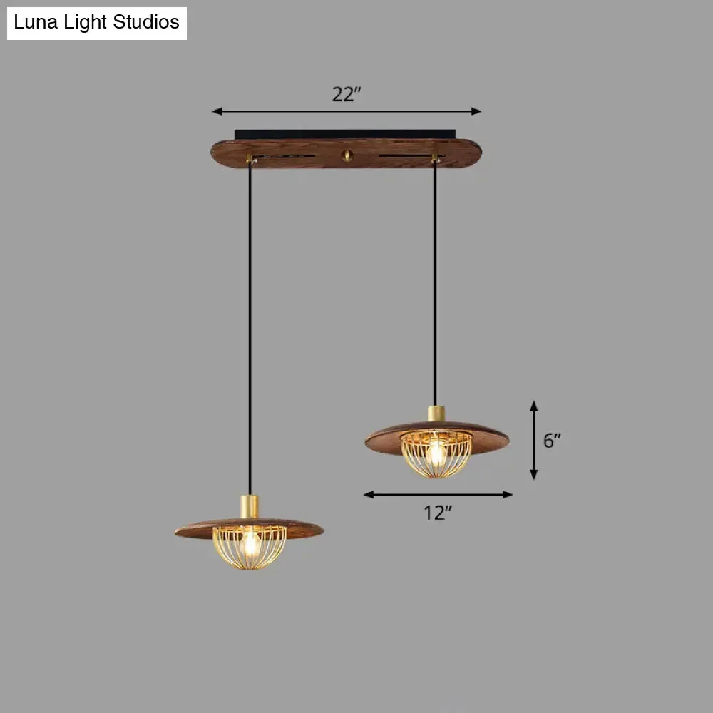 Contemporary Wooden Pendant Light with Cage Bottom - 1-Light Hanging Ceiling Fixture