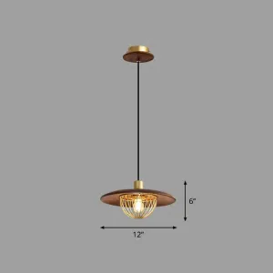 Contemporary Wooden Pendant Light with Cage Bottom - 1-Light Hanging Ceiling Fixture