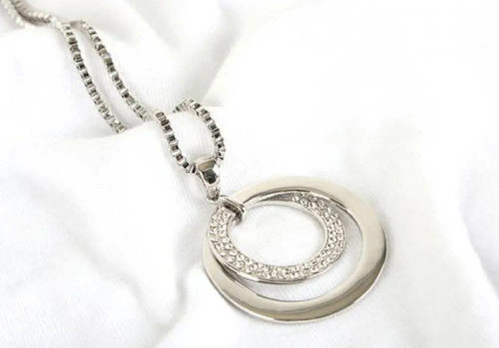 Cool Double Circle Necklace with Crystal Rhinestone Silver Plated Pendant Necklace Gift