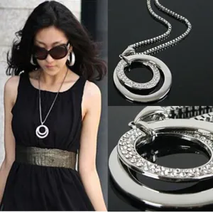 Cool Double Circle Necklace with Crystal Rhinestone Silver Plated Pendant Necklace Gift