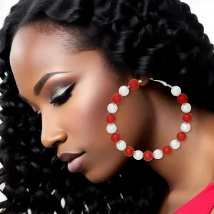 DST Delta Sigma Theta Sorority Inspired Earrings Red White Pearl Hoops for Women