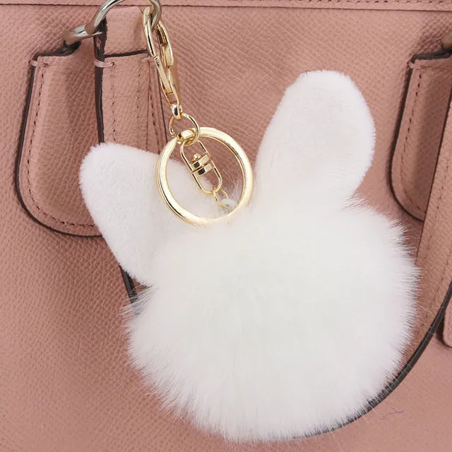 Fashion Pompom Keychain Round Fake Rabbit Fur Ball Key Chain With Ears Cute Women Charms Bunny Keychains Keyring Decorator