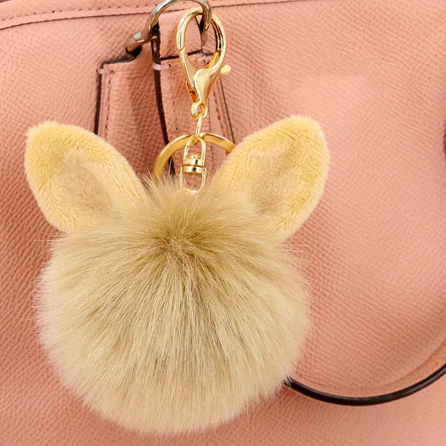 Fashion Pompom Keychain Round Fake Rabbit Fur Ball Key Chain With Ears Cute Women Charms Bunny Keychains Keyring Decorator