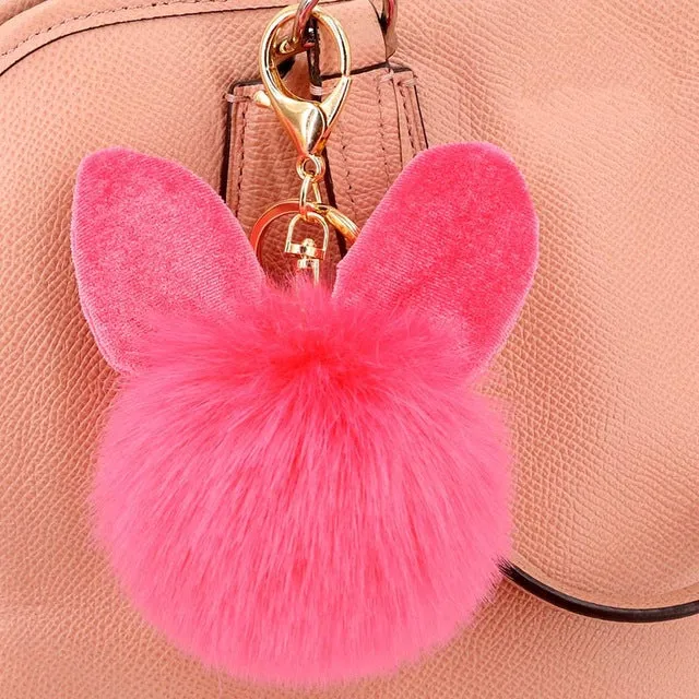 Fashion Pompom Keychain Round Fake Rabbit Fur Ball Key Chain With Ears Cute Women Charms Bunny Keychains Keyring Decorator