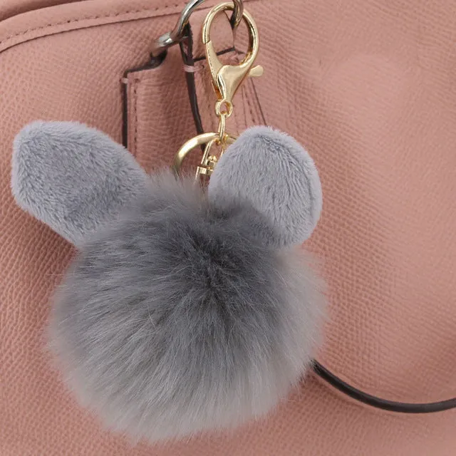 Fashion Pompom Keychain Round Fake Rabbit Fur Ball Key Chain With Ears Cute Women Charms Bunny Keychains Keyring Decorator