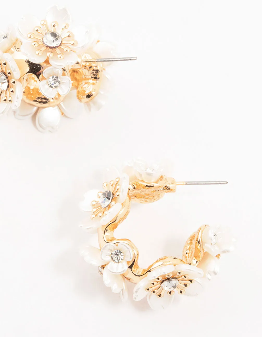 Gold Pearlised Flower Medium Hoop Earrings