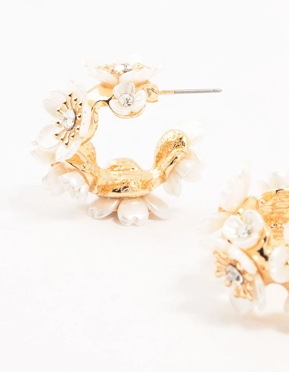 Gold Pearlised Flower Medium Hoop Earrings