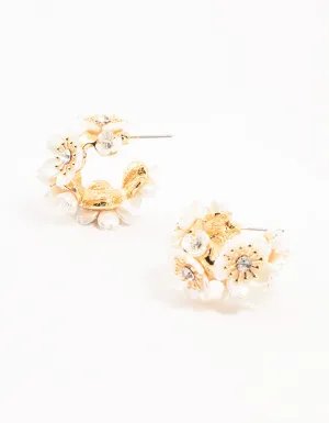 Gold Pearlised Flower Medium Hoop Earrings