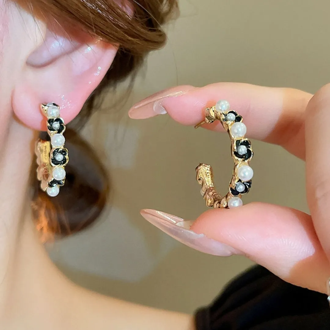 Gold Plated Tiny Black Flower Pearl Hoop Earring