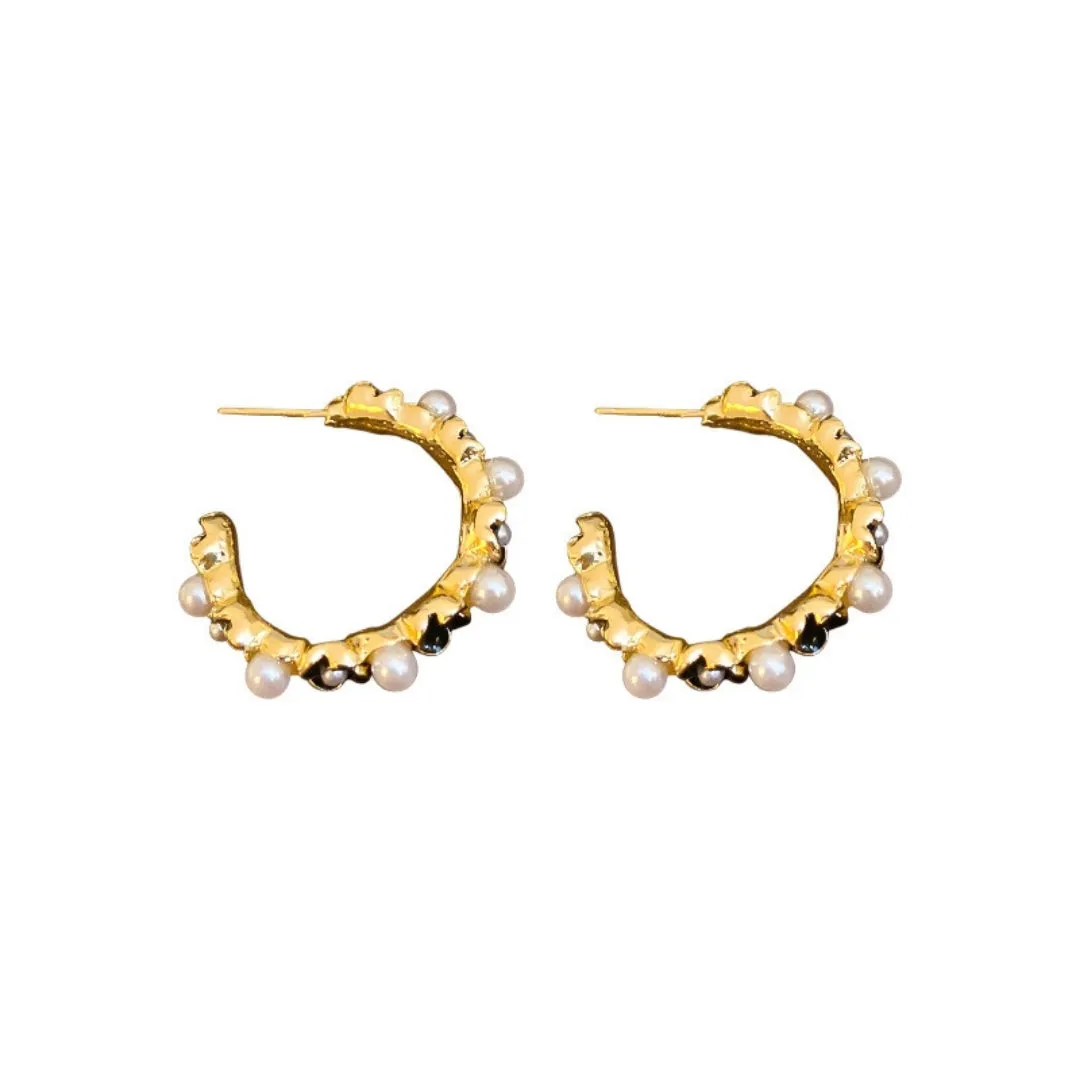 Gold Plated Tiny Black Flower Pearl Hoop Earring