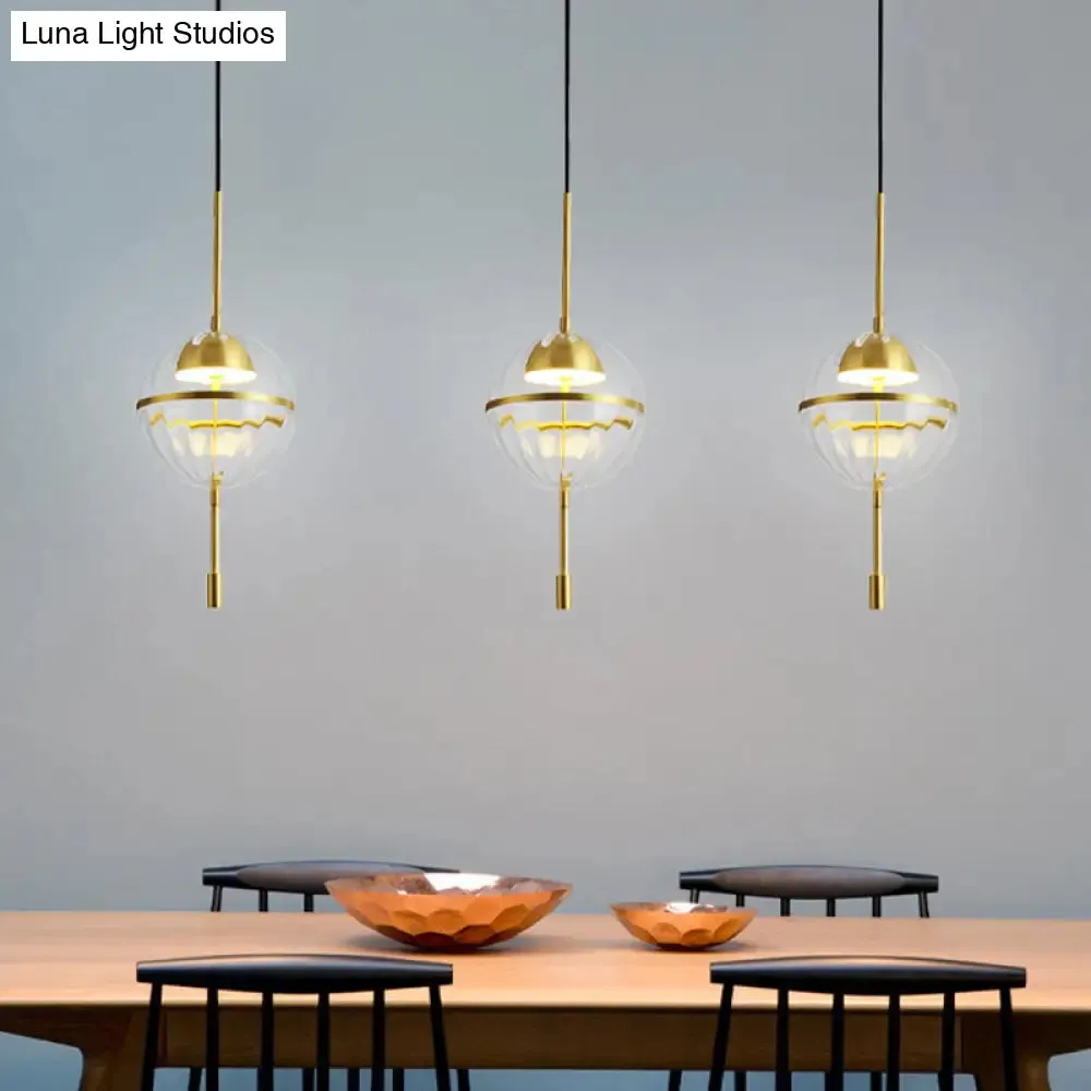 Gold Ribbed Glass Pendant Light with Spherical Design and LED - Postmodern Style