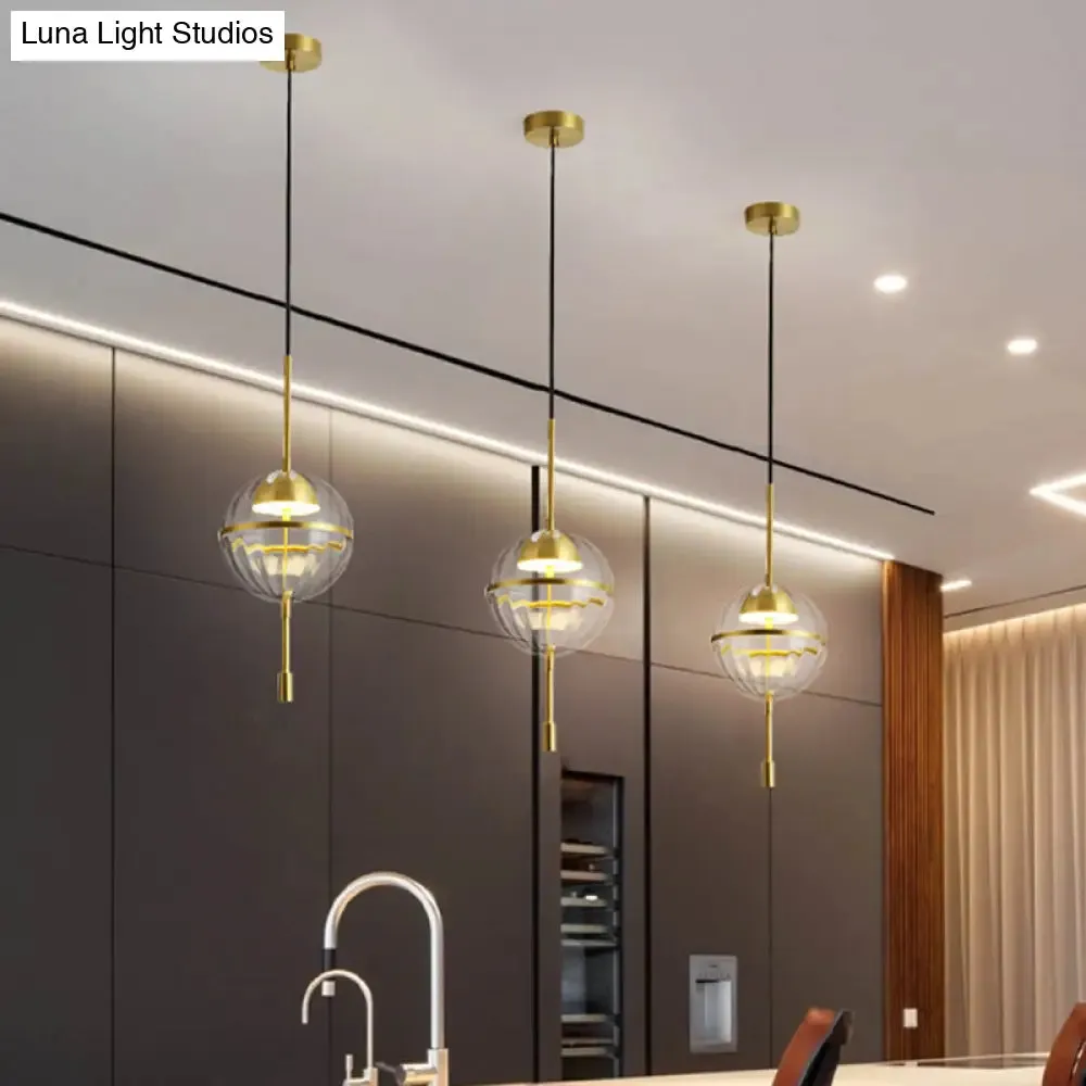 Gold Ribbed Glass Pendant Light with Spherical Design and LED - Postmodern Style