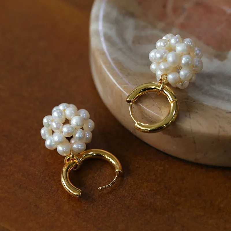 Handwoven Spherical Pearl Ball Drop Earrings