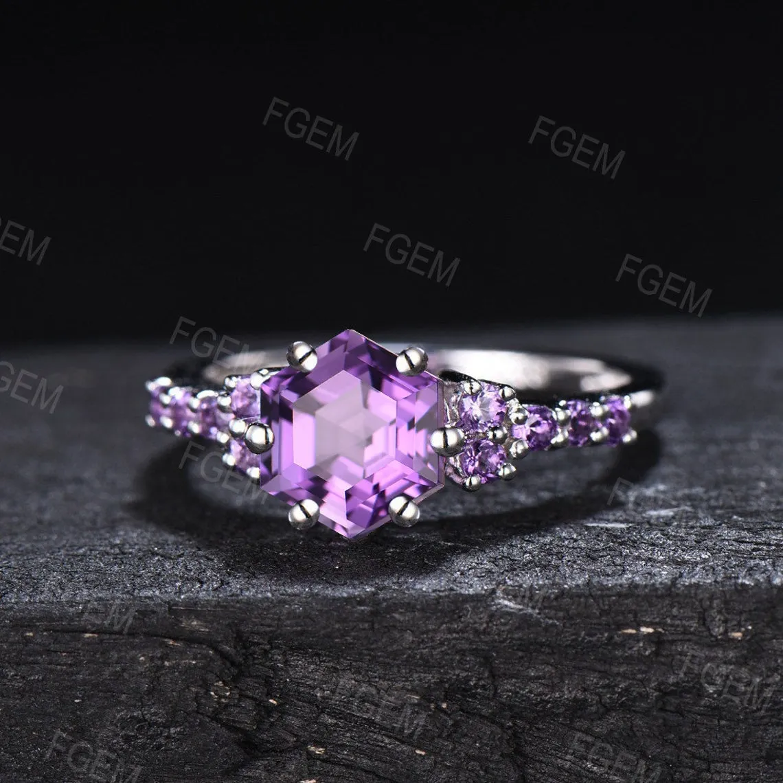 Hexagon Cut Natural Amethyst Half Eternity Engagement Ring White Gold Purple Crystal Ring Amethyst Wedding Ring February Birthstone Jewelry