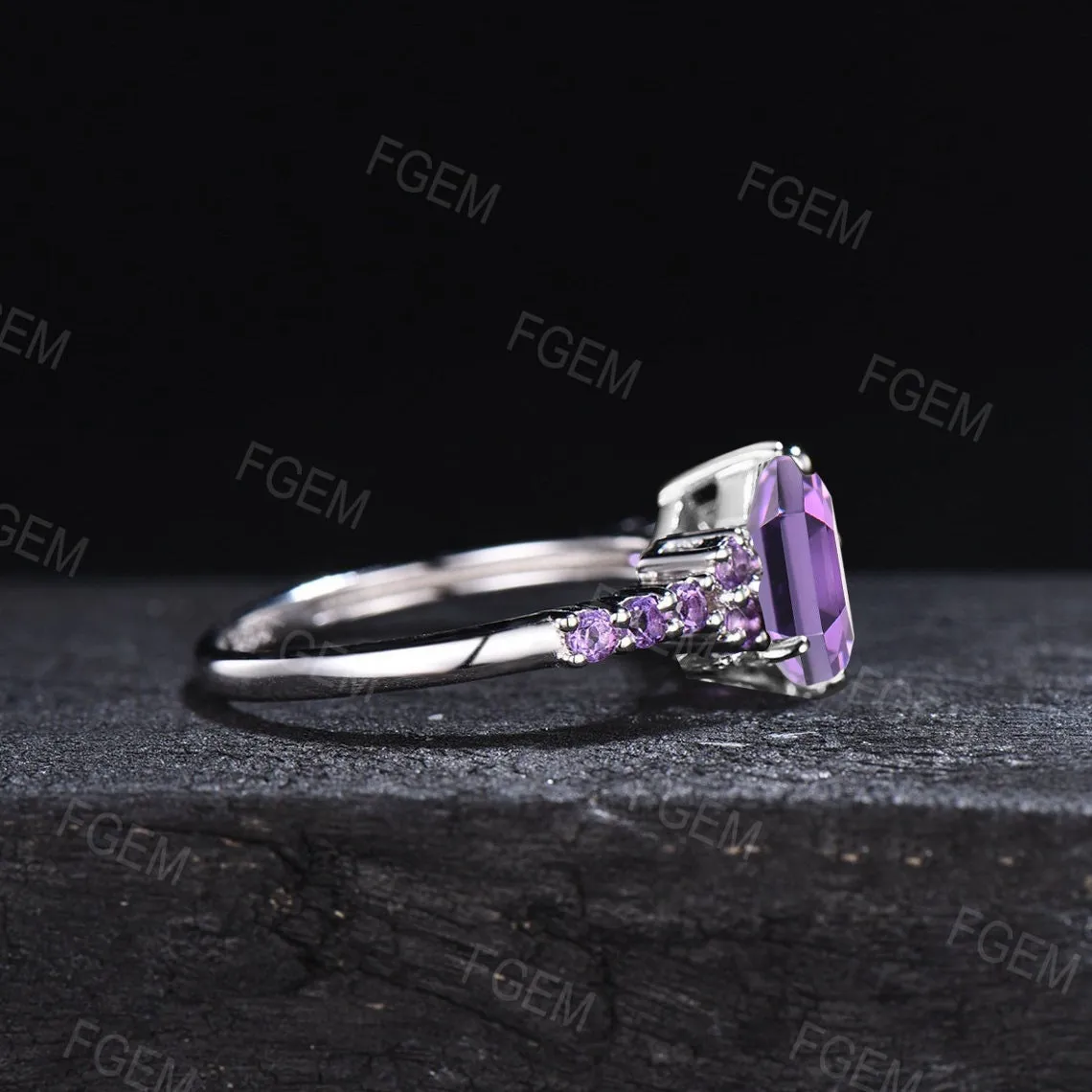 Hexagon Cut Natural Amethyst Half Eternity Engagement Ring White Gold Purple Crystal Ring Amethyst Wedding Ring February Birthstone Jewelry