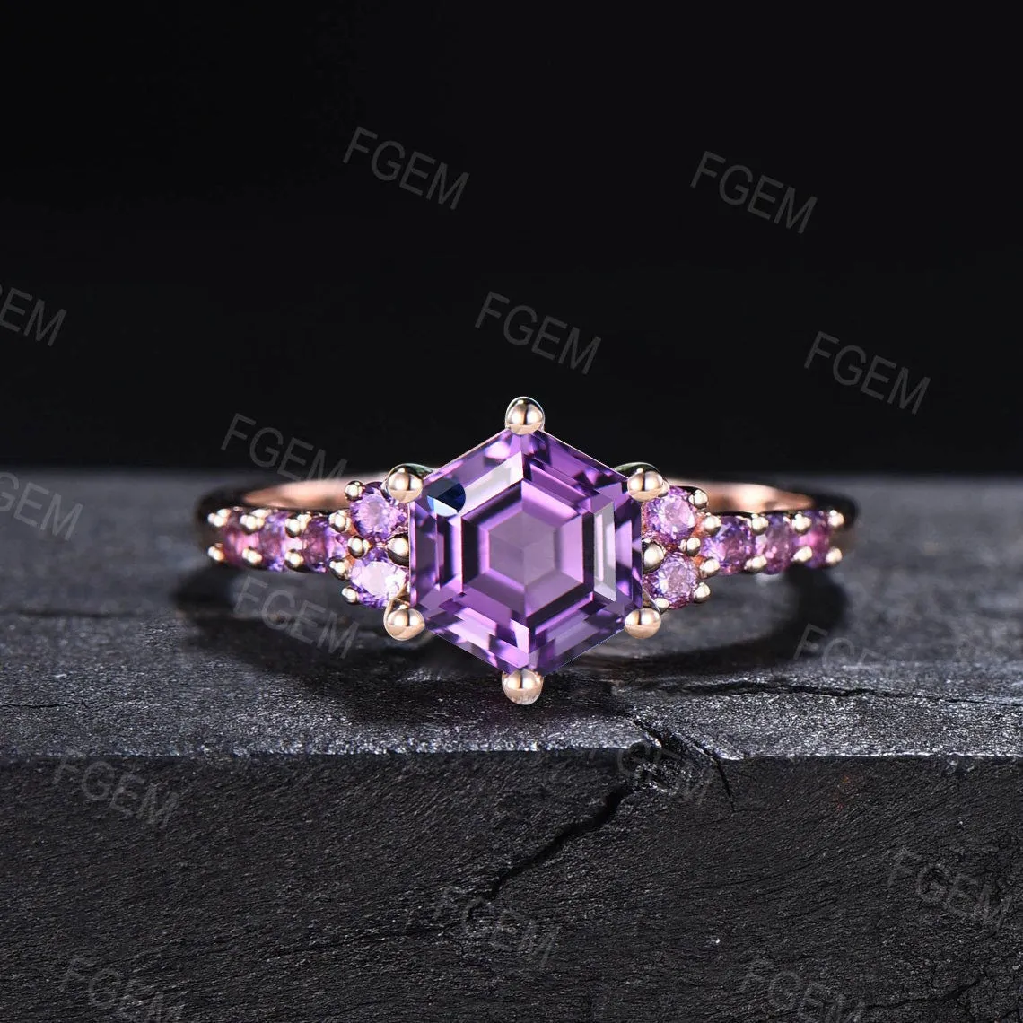 Hexagon Cut Natural Amethyst Half Eternity Engagement Ring White Gold Purple Crystal Ring Amethyst Wedding Ring February Birthstone Jewelry