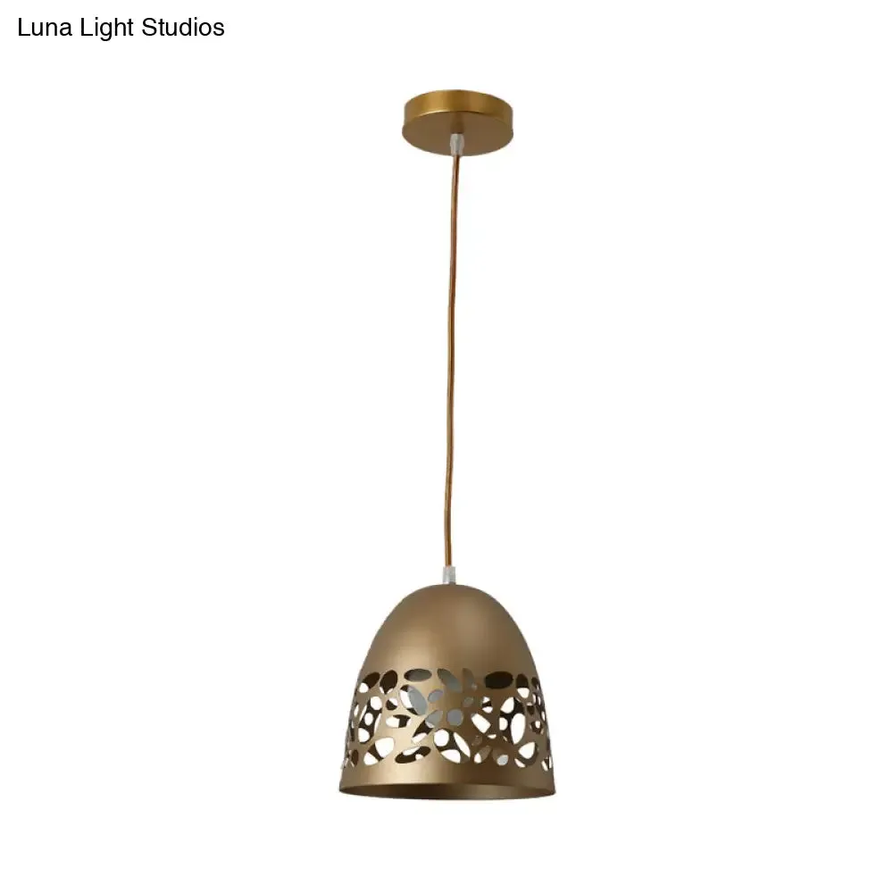 Hollow Out Design Gold Finish Ceiling Light: Modern Domed Metal Pendant with 1-Bulb