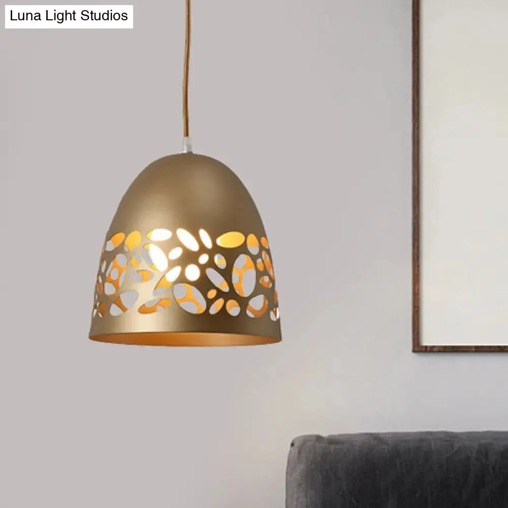 Hollow Out Design Gold Finish Ceiling Light: Modern Domed Metal Pendant with 1-Bulb