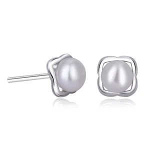 Hollow Square with Pearl Silver Studs Earrings for Women