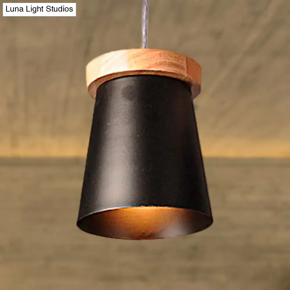 Industrial Loft Metal and Wood Kitchen Pendant Ceiling Light, Black Finish with Bucket Suspension - 1 Light