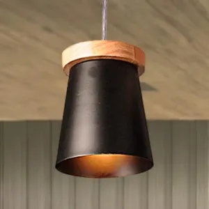 Industrial Loft Metal and Wood Kitchen Pendant Ceiling Light, Black Finish with Bucket Suspension - 1 Light