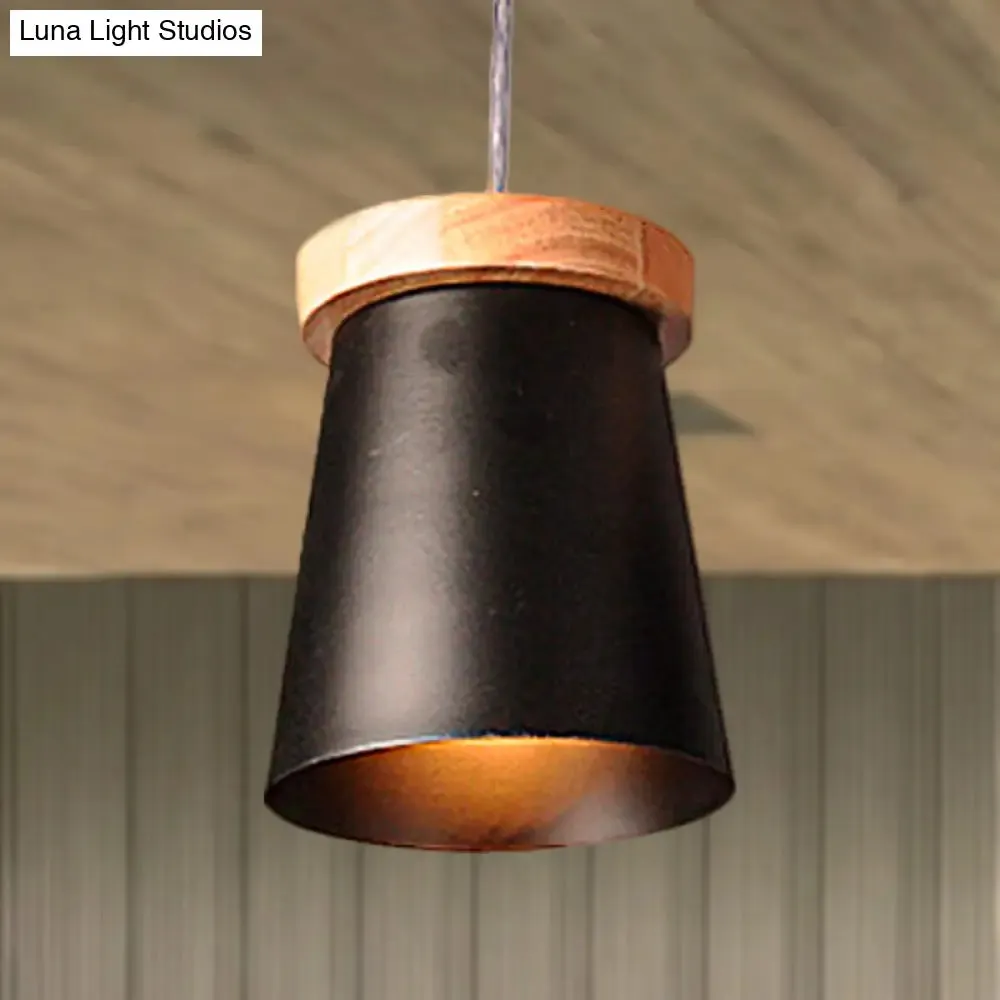 Industrial Loft Metal and Wood Kitchen Pendant Ceiling Light, Black Finish with Bucket Suspension - 1 Light