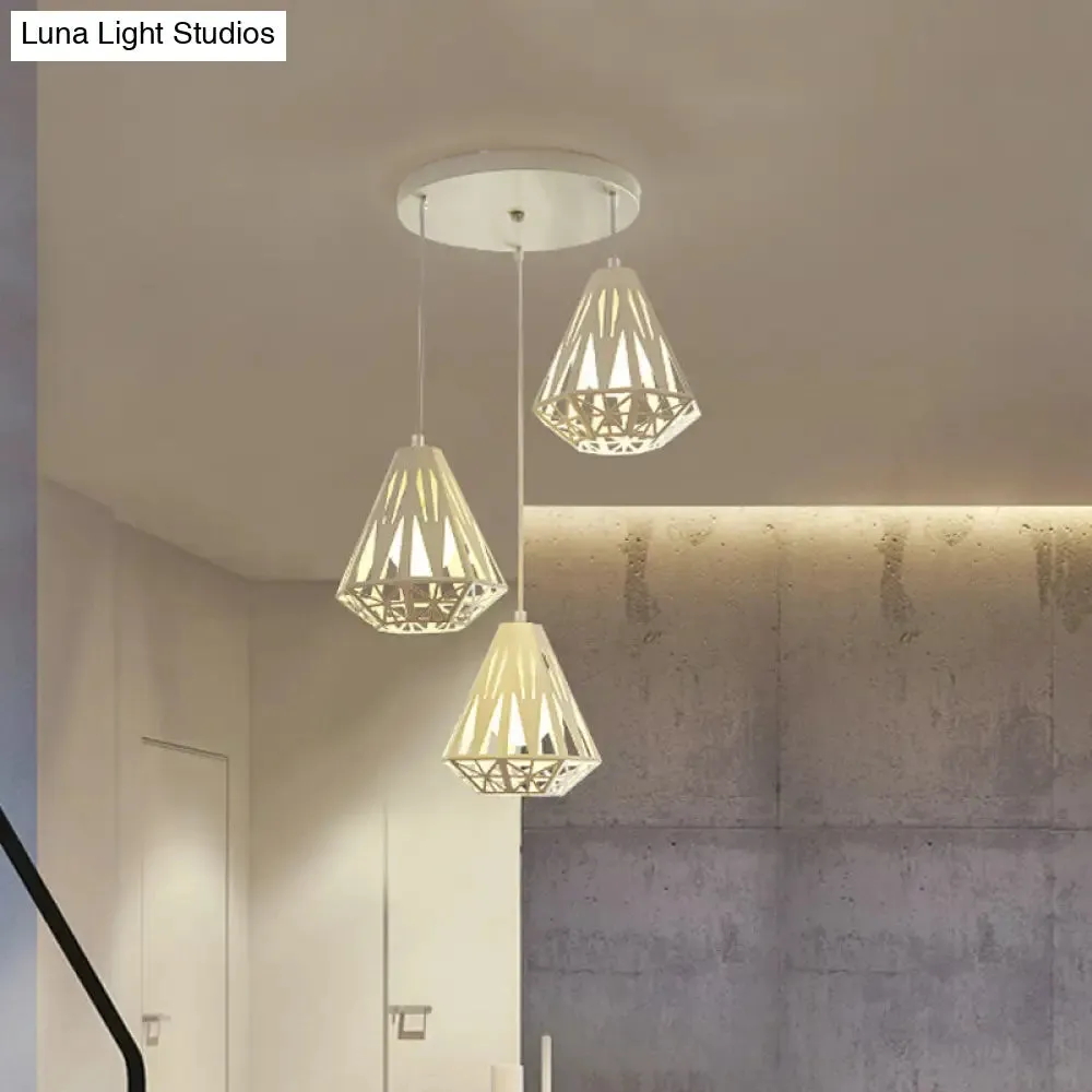 Iron Diamond Cage Pendant Light with 3 Modern White Heads - Stylish Ceiling Suspension Lamp