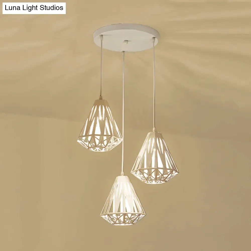 Iron Diamond Cage Pendant Light with 3 Modern White Heads - Stylish Ceiling Suspension Lamp