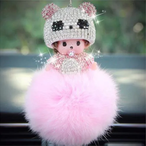 KIKI sleutelhanger real rabbit bunny fur pom pom keychain Crystal  cartoon Dolls pompom Key chain Woman bag car Charm pendant